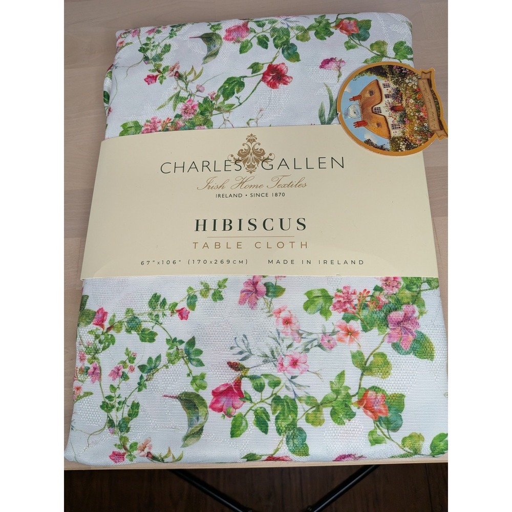 Charles Gallen Hibiscus Damask Tablecloth 67x106 Floral Made in Ireland NEW